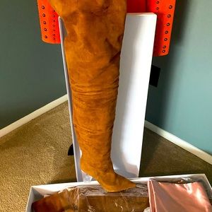 Amina Muaddi Olivia Brown Suede PVC-Heel Over-The-Knee Boots